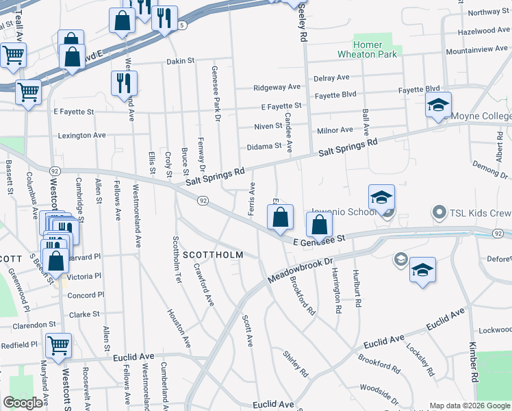 map of restaurants, bars, coffee shops, grocery stores, and more near 121 Ferris Avenue in Syracuse