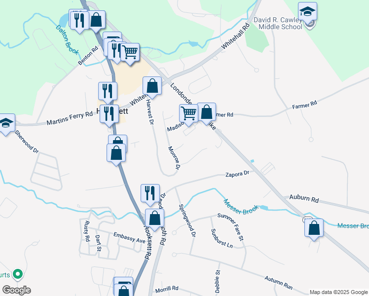 map of restaurants, bars, coffee shops, grocery stores, and more near 14 Jefferson Drive in Hooksett