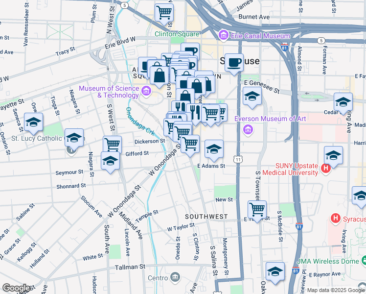 map of restaurants, bars, coffee shops, grocery stores, and more near 500 South Salina Street in Syracuse