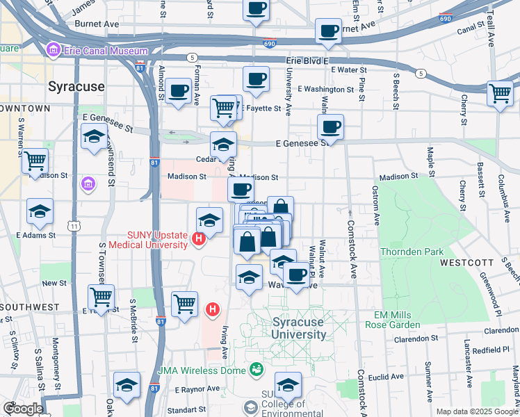 map of restaurants, bars, coffee shops, grocery stores, and more near 601 South Crouse Avenue in Syracuse