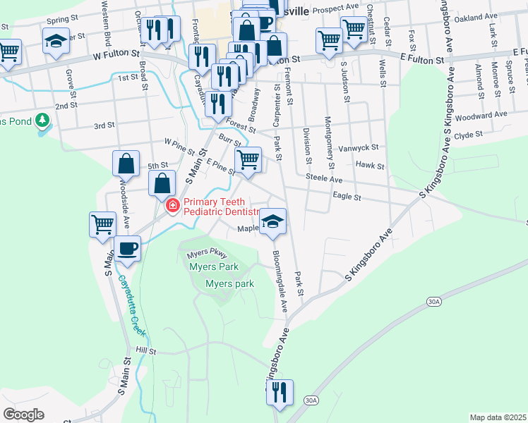 map of restaurants, bars, coffee shops, grocery stores, and more near 14 Bloomingdale Avenue in Gloversville