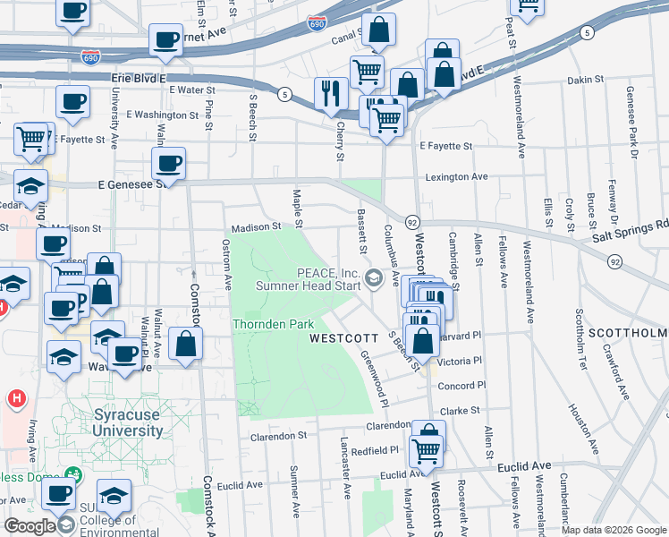 map of restaurants, bars, coffee shops, grocery stores, and more near 519 South Beech Street in Syracuse