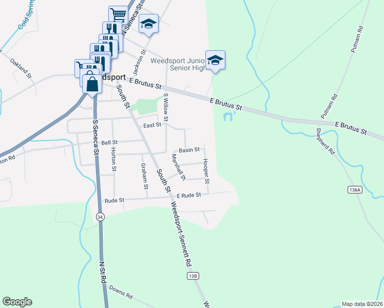 map of restaurants, bars, coffee shops, grocery stores, and more near 2804 Basin St in Weedsport
