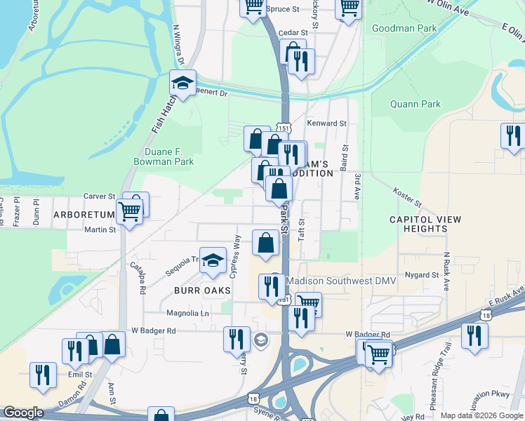 map of restaurants, bars, coffee shops, grocery stores, and more near 833 Burr Oak Lane in Madison