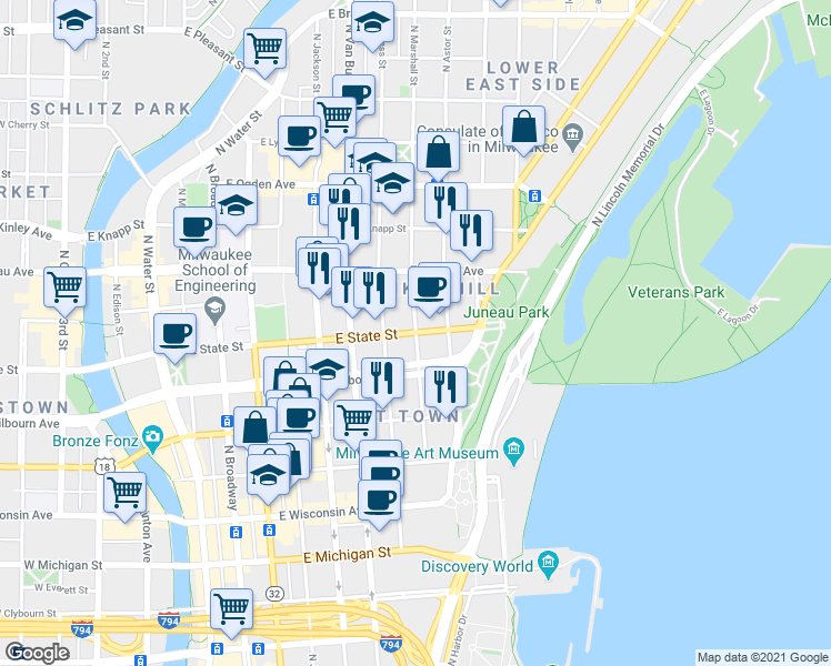 map of restaurants, bars, coffee shops, grocery stores, and more near N Marshall St & E State St in Milwaukee
