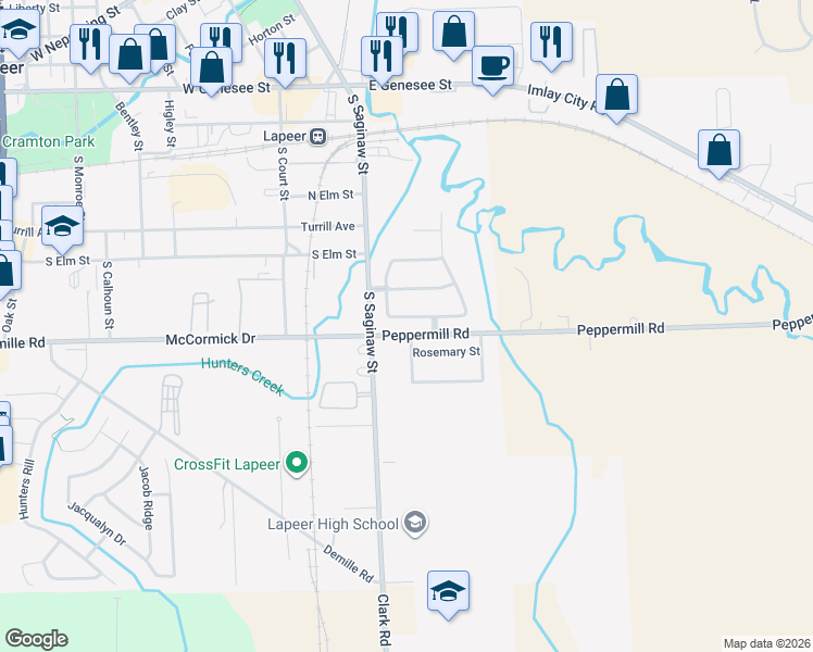 map of restaurants, bars, coffee shops, grocery stores, and more near 44 Mill Creek Avenue in Lapeer