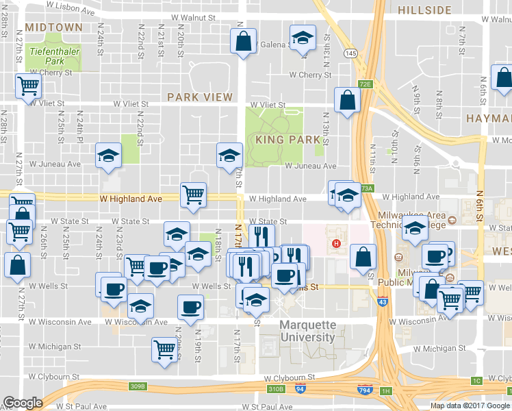 map of restaurants, bars, coffee shops, grocery stores, and more near 1601 West Highland Avenue in Milwaukee