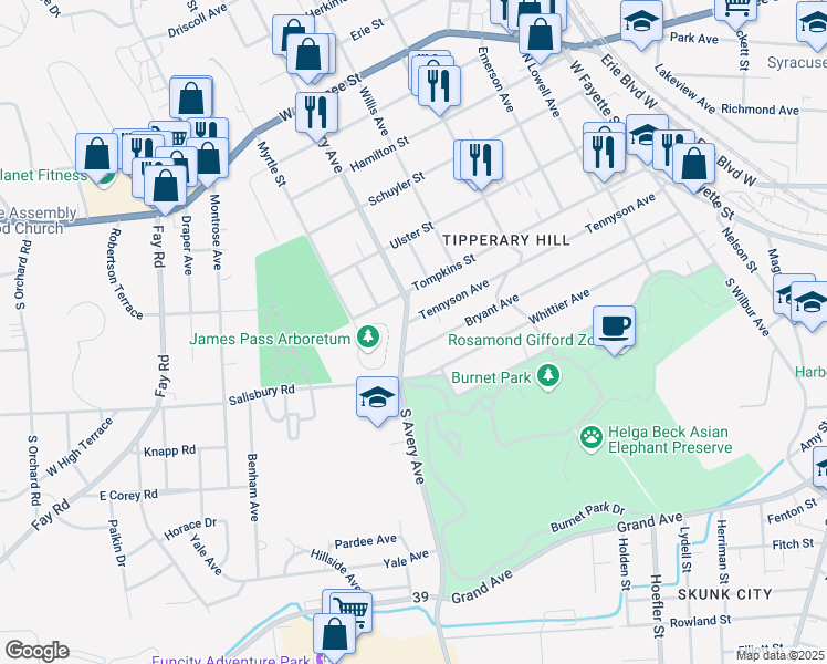 map of restaurants, bars, coffee shops, grocery stores, and more near 205 South Avery Avenue in Syracuse
