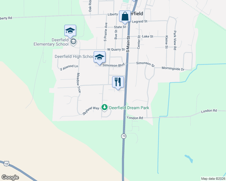 map of restaurants, bars, coffee shops, grocery stores, and more near 605 Plaza Street in Deerfield