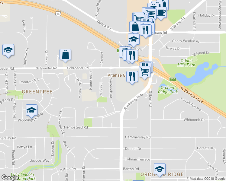 map of restaurants, bars, coffee shops, grocery stores, and more near 1021 Saybrook Road in Madison