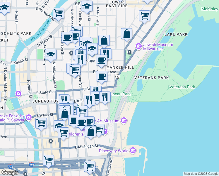map of restaurants, bars, coffee shops, grocery stores, and more near in Milwaukee