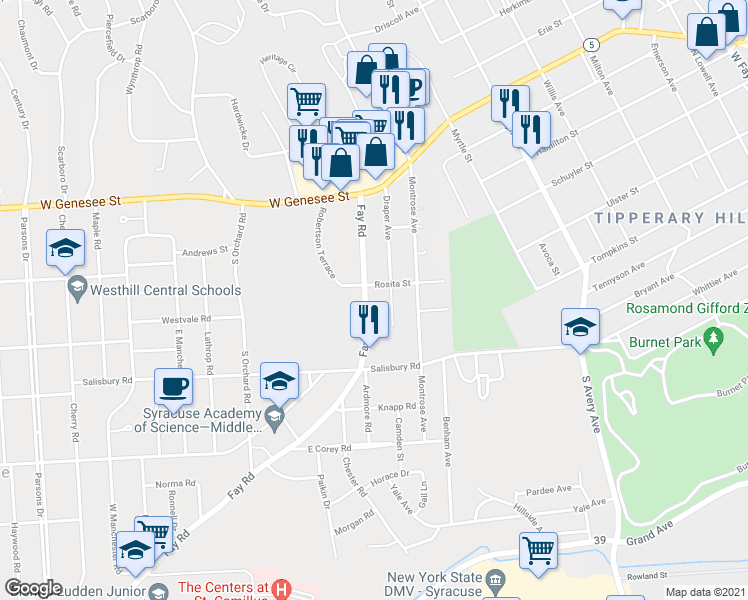 map of restaurants, bars, coffee shops, grocery stores, and more near 307 Fay Rd in Syracuse