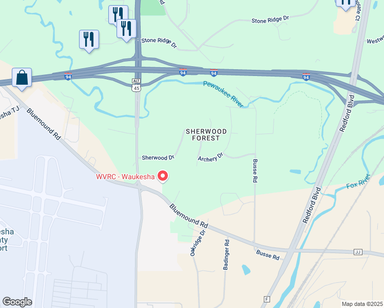 map of restaurants, bars, coffee shops, grocery stores, and more near W237N1005 Kings Drive in Waukesha