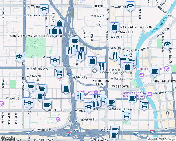 map of restaurants, bars, coffee shops, grocery stores, and more near 1046 North 9th Street in Milwaukee