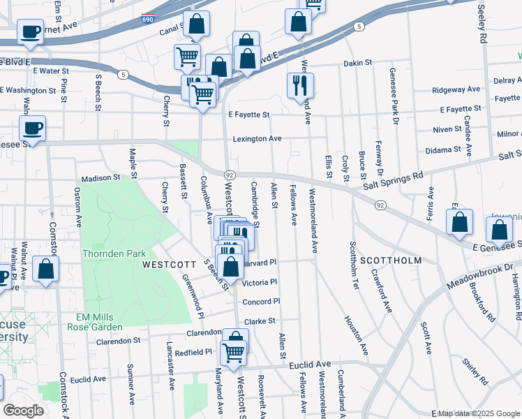 map of restaurants, bars, coffee shops, grocery stores, and more near 151 Cambridge St in Syracuse