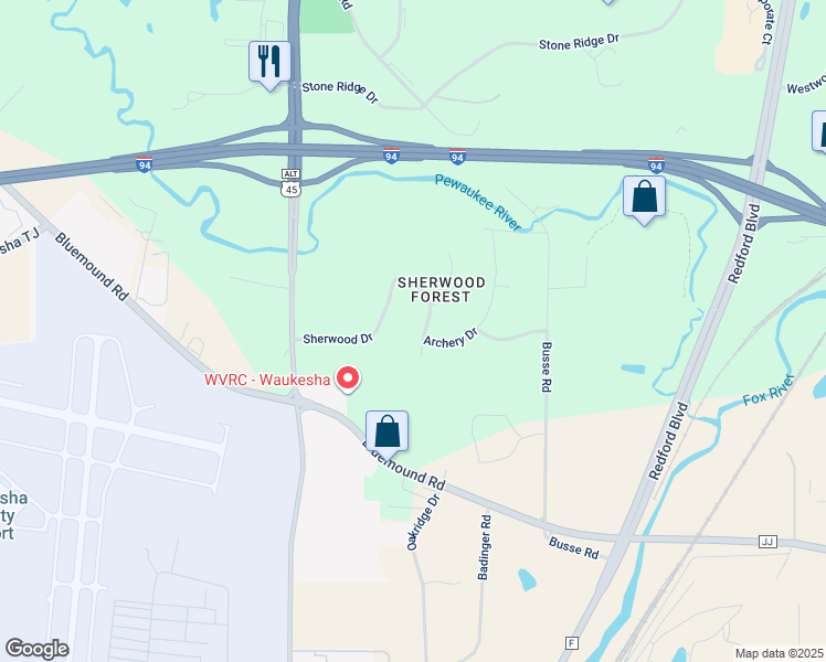 map of restaurants, bars, coffee shops, grocery stores, and more near W237N1005 Kings Drive in Waukesha