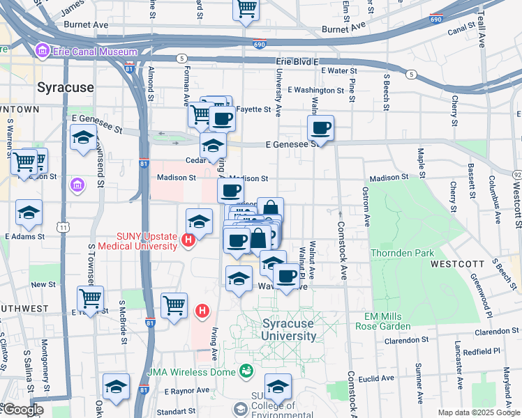 map of restaurants, bars, coffee shops, grocery stores, and more near 908 Harrison Street in Syracuse