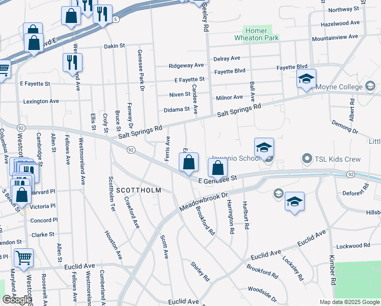 map of restaurants, bars, coffee shops, grocery stores, and more near 100 Blossom Road in Syracuse