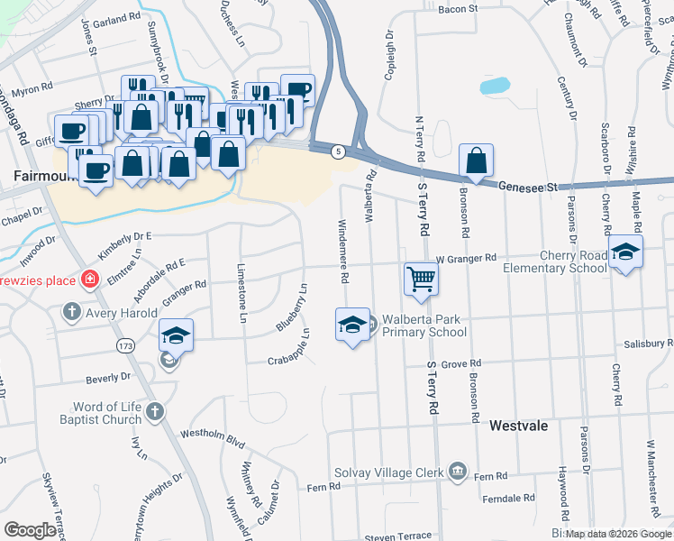 map of restaurants, bars, coffee shops, grocery stores, and more near 201 Windemere Road in Syracuse
