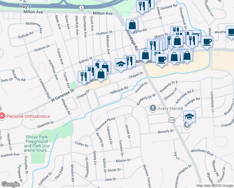 map of restaurants, bars, coffee shops, grocery stores, and more near 200 Shrineview Drive in Syracuse