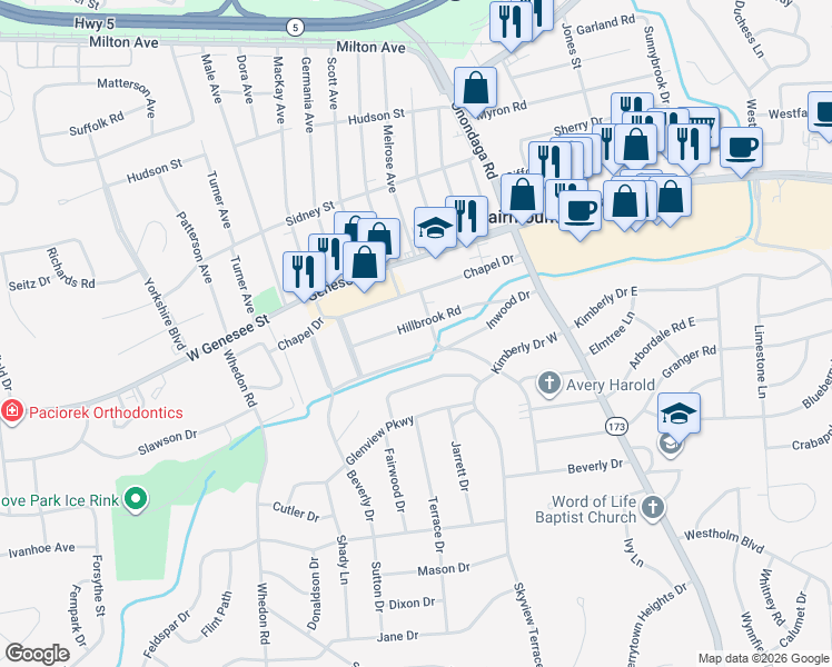 map of restaurants, bars, coffee shops, grocery stores, and more near 200 Shrineview Drive in Syracuse