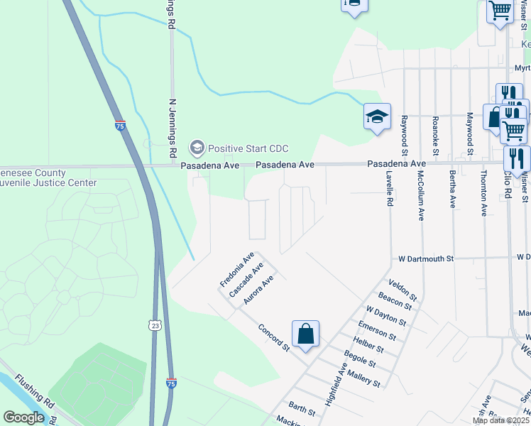 map of restaurants, bars, coffee shops, grocery stores, and more near 3379 Pasadena Avenue in Flint