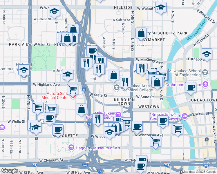 map of restaurants, bars, coffee shops, grocery stores, and more near 1046 North 9th Street in Milwaukee