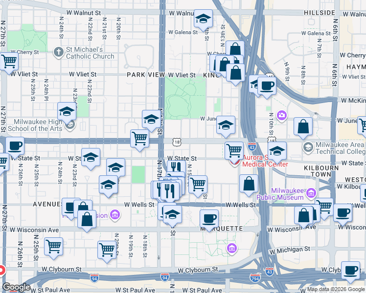 map of restaurants, bars, coffee shops, grocery stores, and more near 1503 West Highland Avenue in Milwaukee