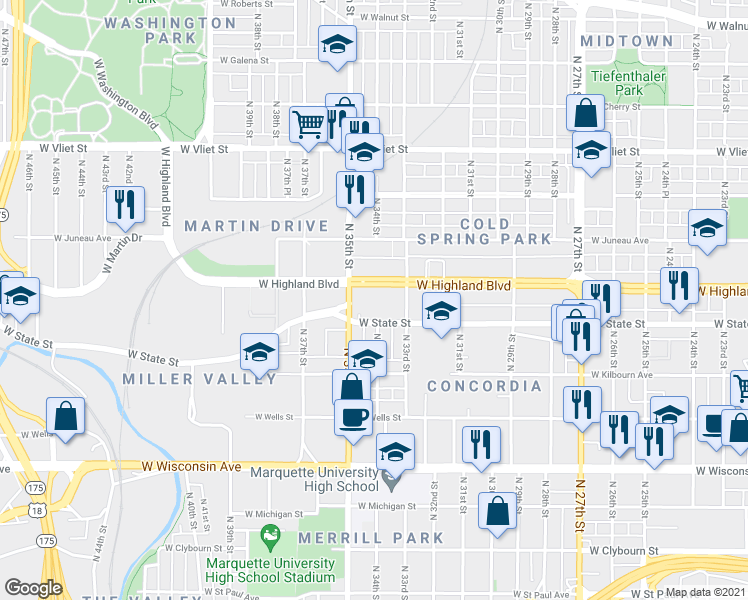 map of restaurants, bars, coffee shops, grocery stores, and more near 3415 West Highland Boulevard in Milwaukee