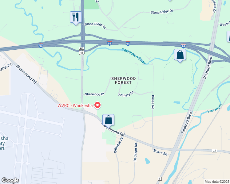 map of restaurants, bars, coffee shops, grocery stores, and more near W237N1005 Kings Drive in Waukesha