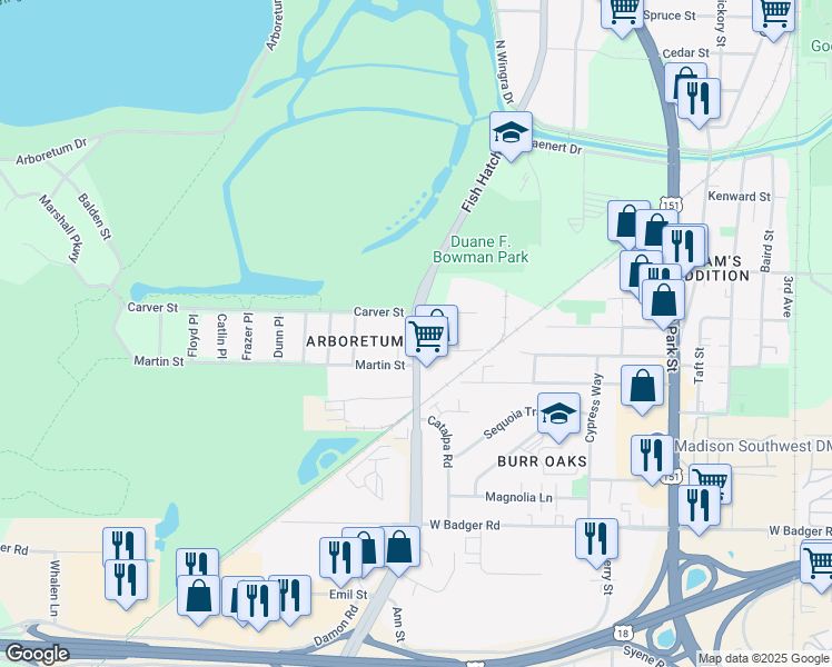 map of restaurants, bars, coffee shops, grocery stores, and more near 2026 Fish Hatchery Road in Madison