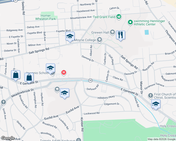 map of restaurants, bars, coffee shops, grocery stores, and more near 314 Albert Road in Syracuse