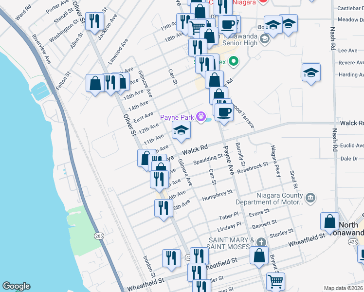 map of restaurants, bars, coffee shops, grocery stores, and more near 789 Gilmore Avenue in North Tonawanda