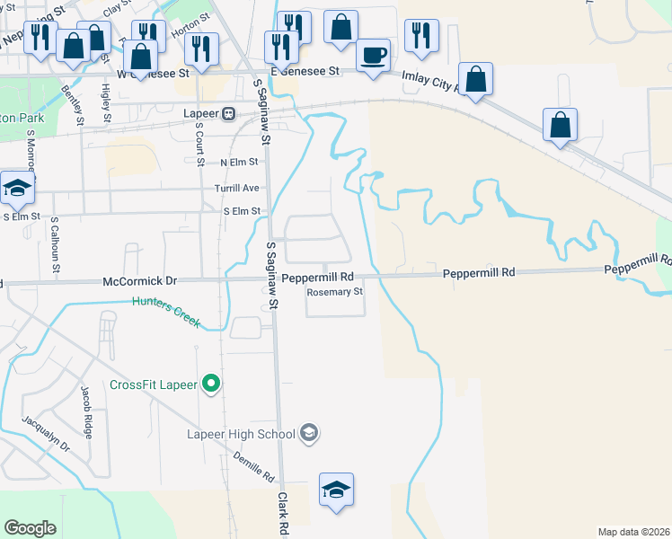 map of restaurants, bars, coffee shops, grocery stores, and more near 84 Mill Creek Avenue in Lapeer