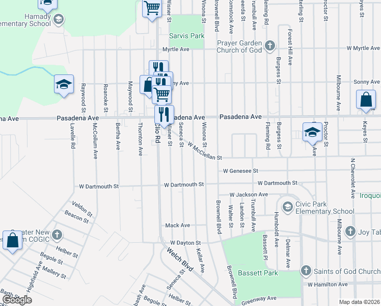 map of restaurants, bars, coffee shops, grocery stores, and more near 3105 Kellar Avenue in Flint