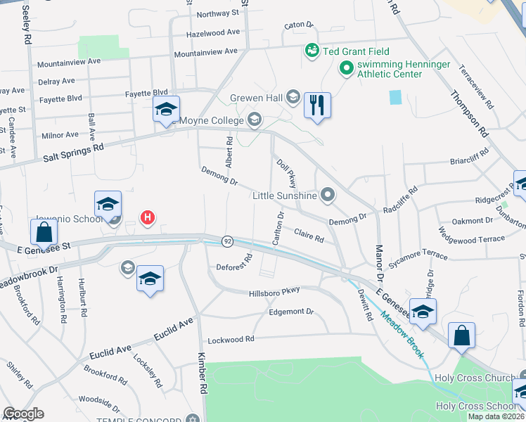 map of restaurants, bars, coffee shops, grocery stores, and more near 300 Carlton Drive in DeWitt