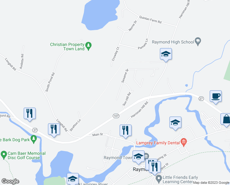 map of restaurants, bars, coffee shops, grocery stores, and more near 8 Sesame Street in Raymond