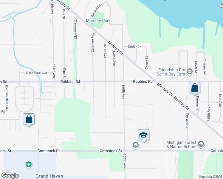 map of restaurants, bars, coffee shops, grocery stores, and more near 15149 David Avenue in Grand Haven