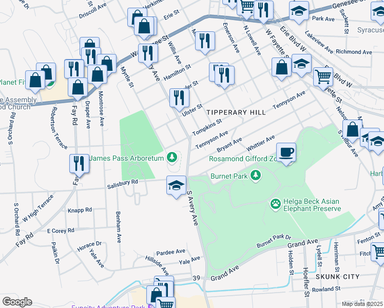 map of restaurants, bars, coffee shops, grocery stores, and more near 205 South Avery Avenue in Syracuse