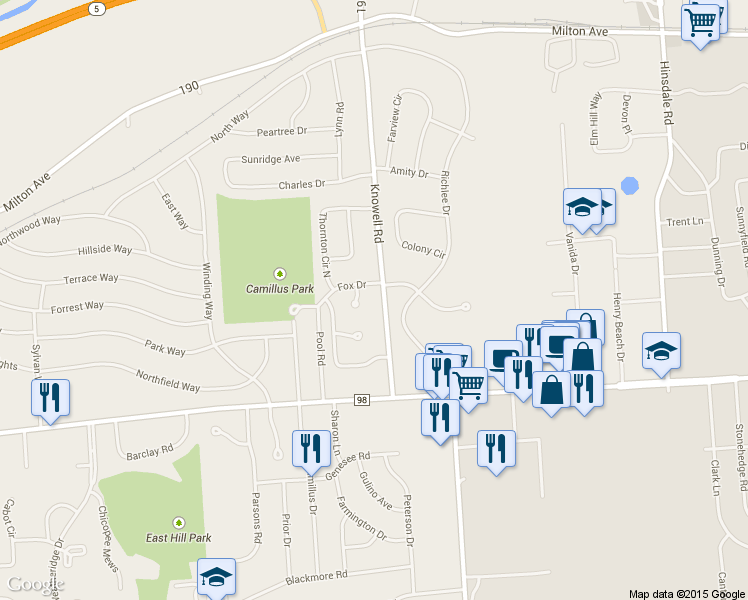 map of restaurants, bars, coffee shops, grocery stores, and more near 233 Knowell Rd in Camillus