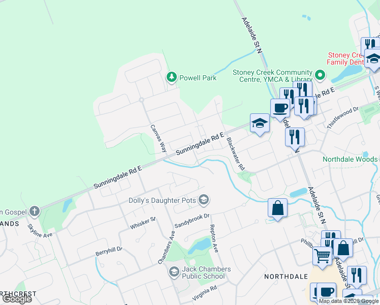 map of restaurants, bars, coffee shops, grocery stores, and more near 555 Sunningdale Road East in London