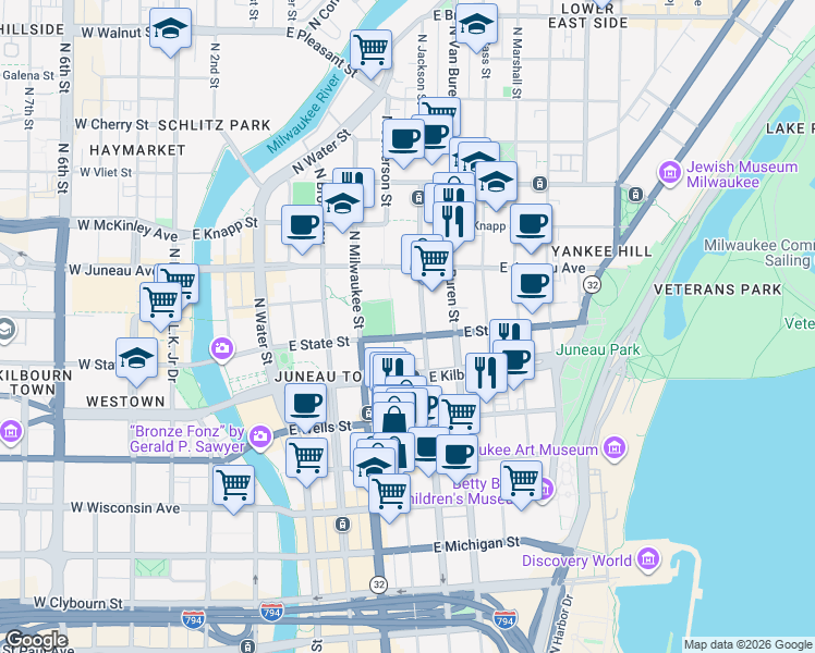 map of restaurants, bars, coffee shops, grocery stores, and more near 610 East State Street in Milwaukee