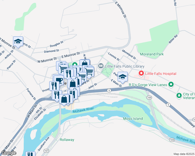 map of restaurants, bars, coffee shops, grocery stores, and more near 615 Albany St in Little Falls