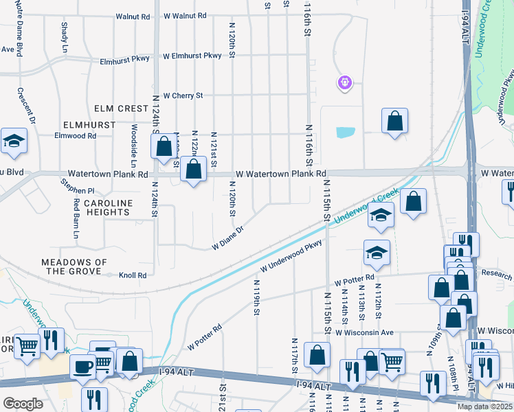 map of restaurants, bars, coffee shops, grocery stores, and more near 1010 North 119th Street in Wauwatosa