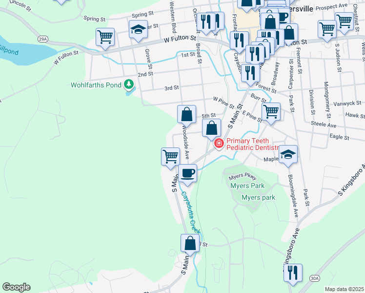 map of restaurants, bars, coffee shops, grocery stores, and more near 27 Woodside Avenue in Gloversville