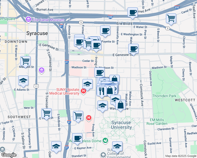 map of restaurants, bars, coffee shops, grocery stores, and more near 601 Irving Avenue in Syracuse