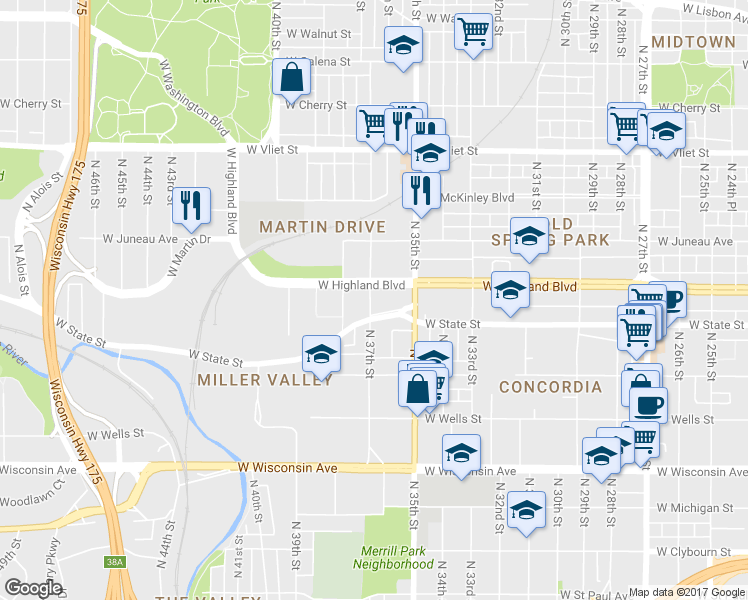 map of restaurants, bars, coffee shops, grocery stores, and more near 1020 North 37th Street in Milwaukee