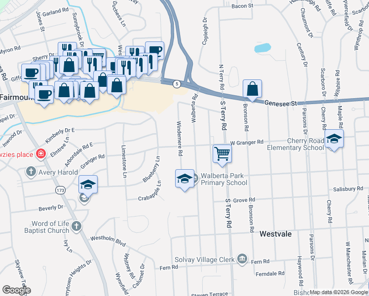 map of restaurants, bars, coffee shops, grocery stores, and more near 201 Windemere Rd in Syracuse