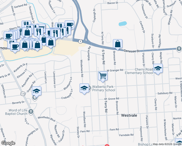 map of restaurants, bars, coffee shops, grocery stores, and more near 301 Walberta Road in Syracuse