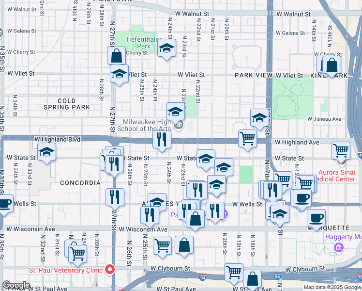 map of restaurants, bars, coffee shops, grocery stores, and more near 1035 North 23rd Street in Milwaukee